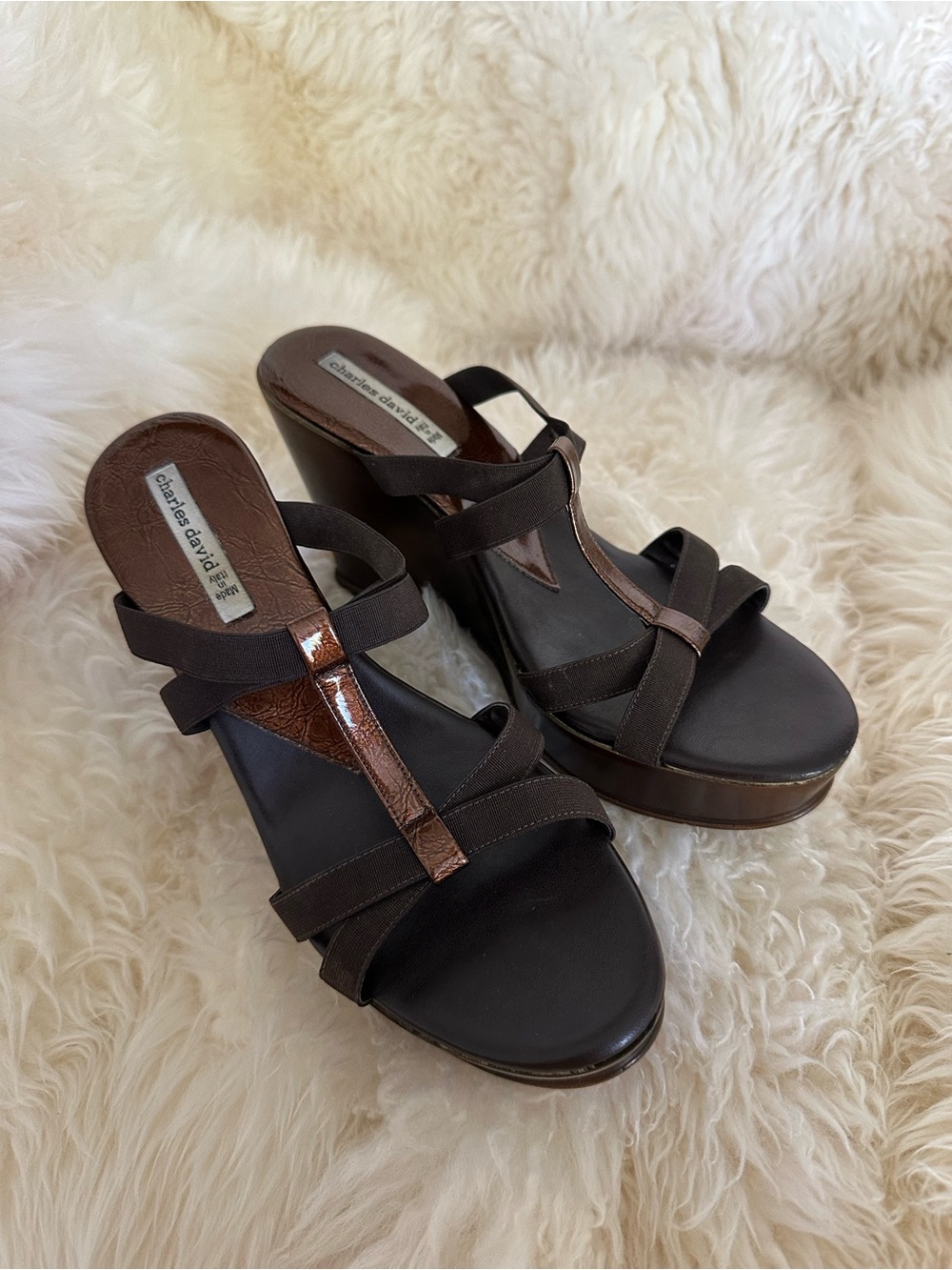 Charles David Italian Dark Brown T-Strap Platform Wedge Sandals